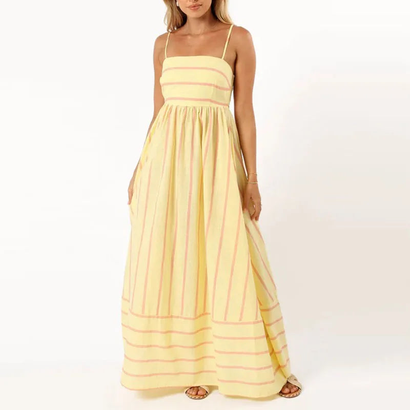 LIZAKOSHT  -  Summer Sexy Sleeveless Backless Hollow Out Beach Party Dress Fashion Striped Printing Sweet Casual Female Spaghetti Strap Skirts Tunics Print Colorful