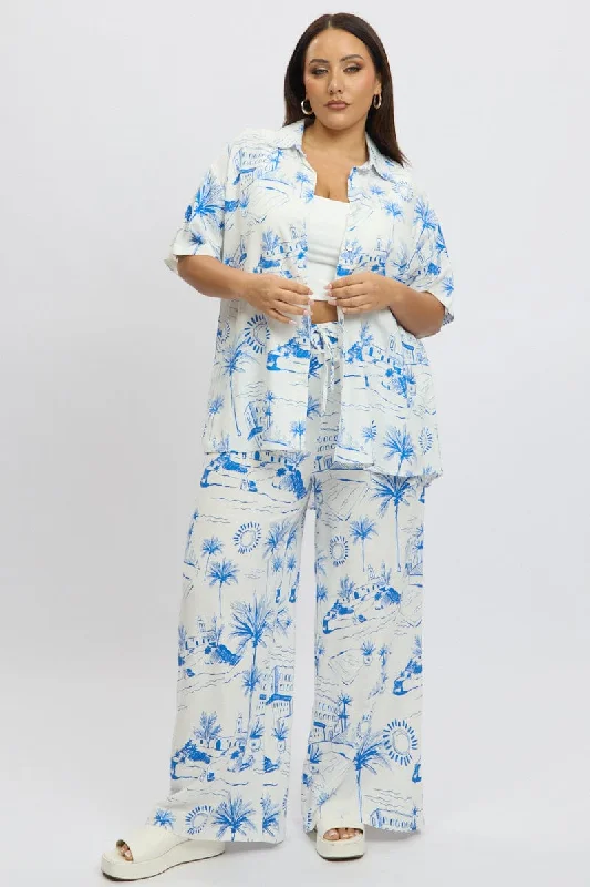 Blue Abstract Elastic Waist Linen Blend Pants Formal Wide-Leg Pants