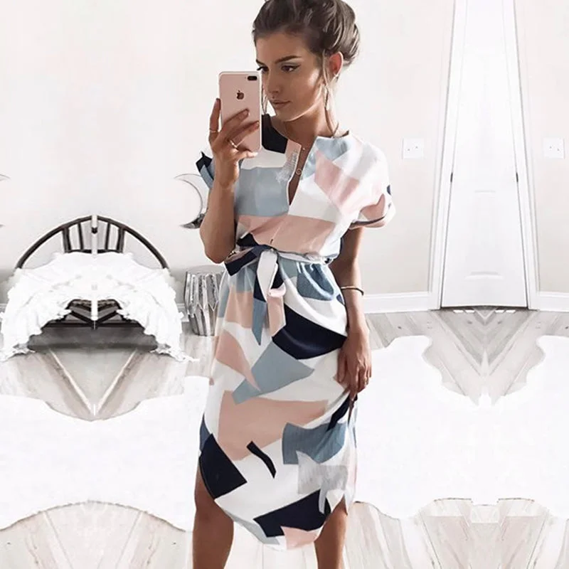 Woman Dress 2019 Spring Summer Hot Sale Midi Party Dresses Geometric Print Boho Beach Dress Loose Batwing Sleeve Dress Vestidos Tunics Trousers formal