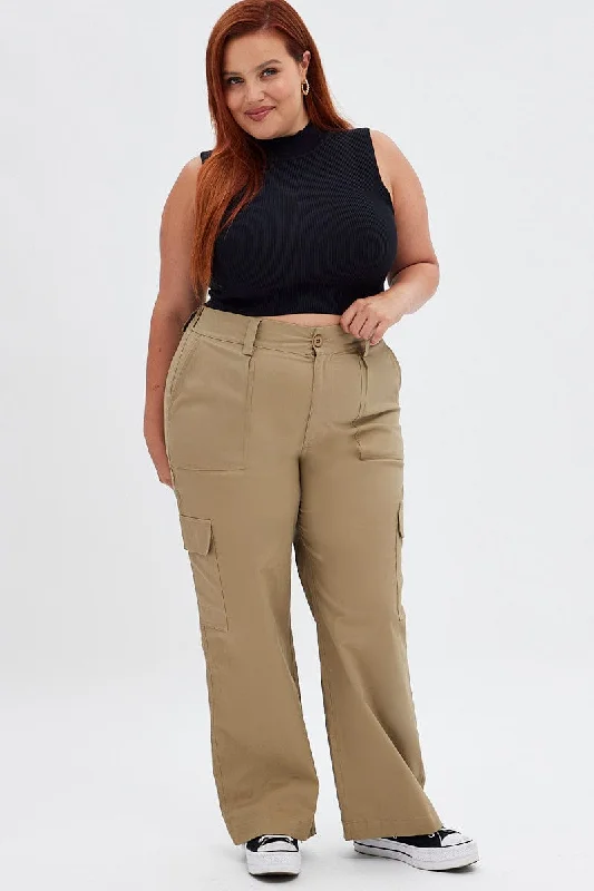 Beige Mid Rise Wide Leg Cargo Pants Trendy Work Pants