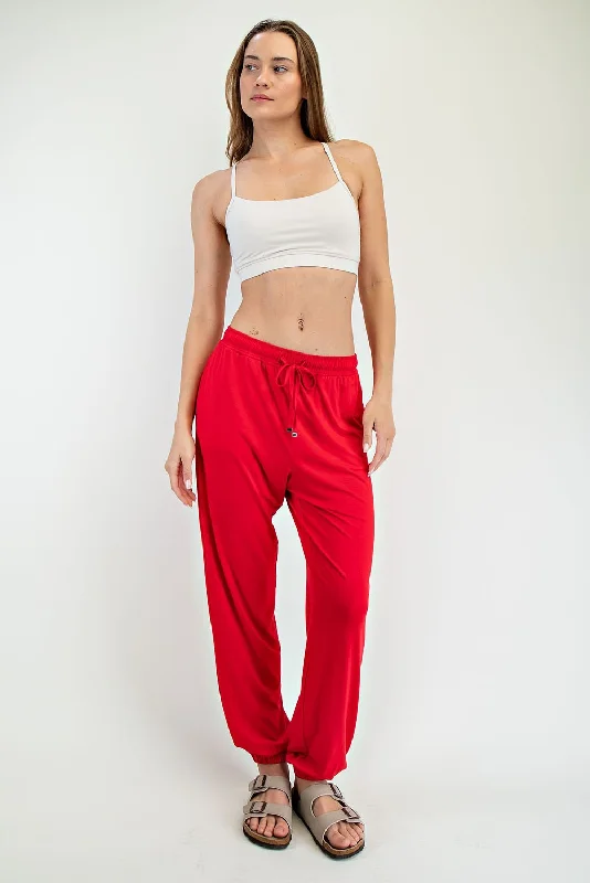Red Drawstring Jogger Pants Comfortable Pleated Pants