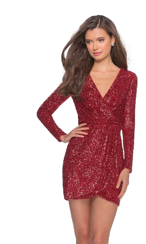 Long-Sleeve Short Sequin Party Dress: La Femme 28316 Crew Neckline Casual