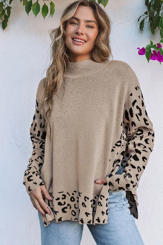 Leopard High Neck Side Slit Oversized Sweater Seamless Knitted Crochet