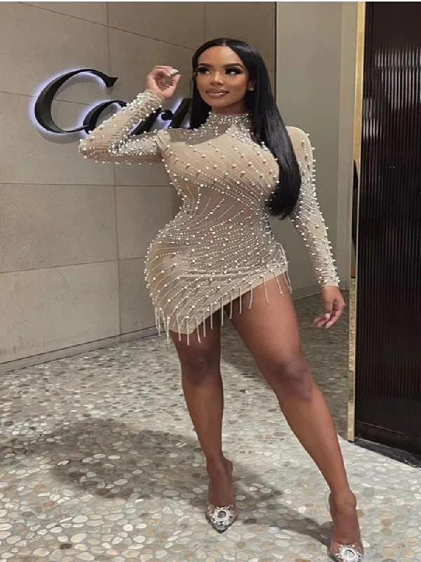 High Quality Celebrity Nude Long Sleeve Beading Bodycon Dress Elegant Club Party Dress Vestidos Tunics Short Trendy