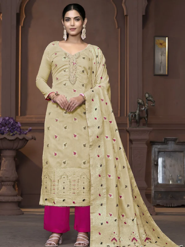 Cream Party Wear Readymade Pant Suit With Wevon Designer Hand Work Classic Straight Pants