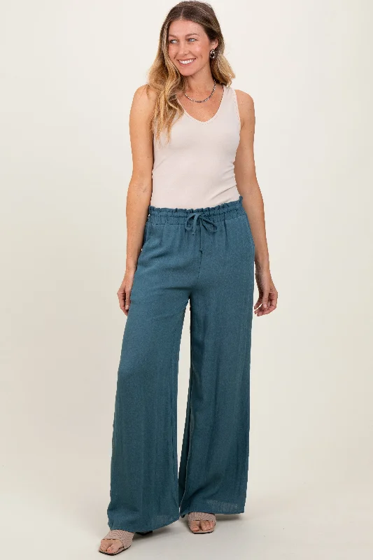 Blue Ruffled Drawstring Waist Wide Leg Pants Fashionable Button-Up Pants