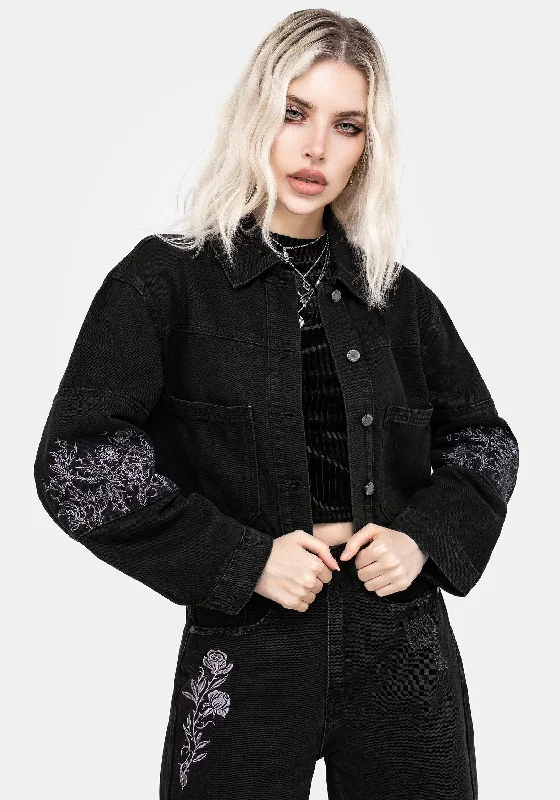 Deadhead Rose Embroidered Denim Carpenter Jacket Tailored Jacket Straight Jacket A-Line Jacket