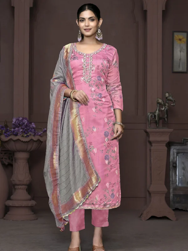 Pink Designer Readymade Pant Suit With Printed Hand Work Elegant High-Waist Pants
