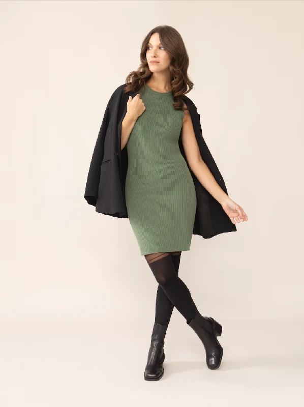 Taylor Sleeveless Sweater Dress in Green Denim Fabric Leather Fabric Suede Fabric