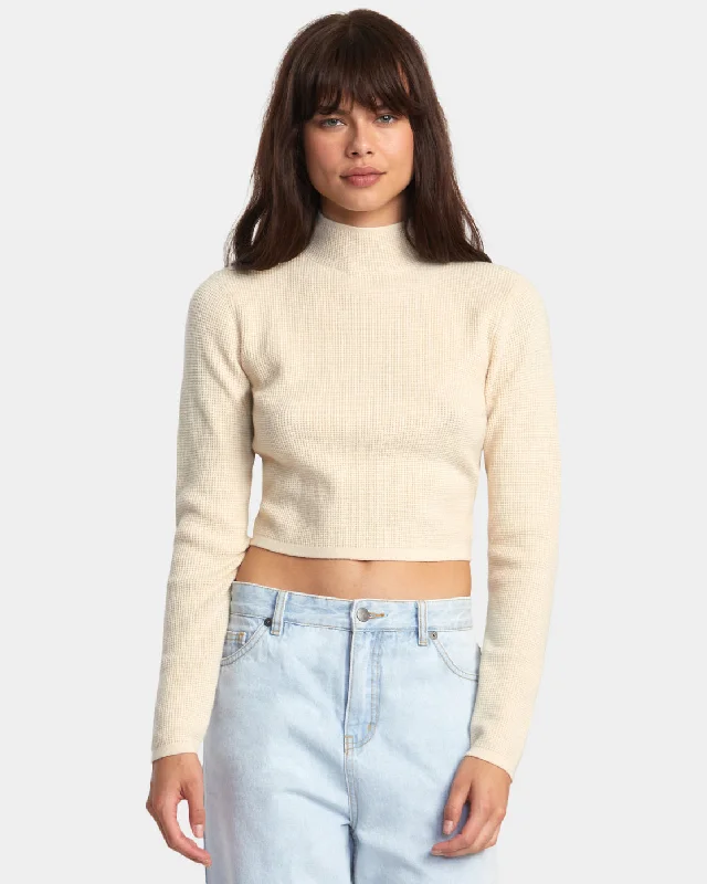 Après Sweater Long Sleeve Crop Top - Latte Mesh Sweater Canvas Denim