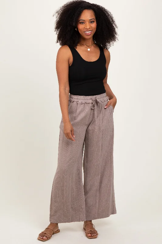 Mocha Striped Drawstring Linen Blend Wide Leg Pants Comfortable Denim Trousers