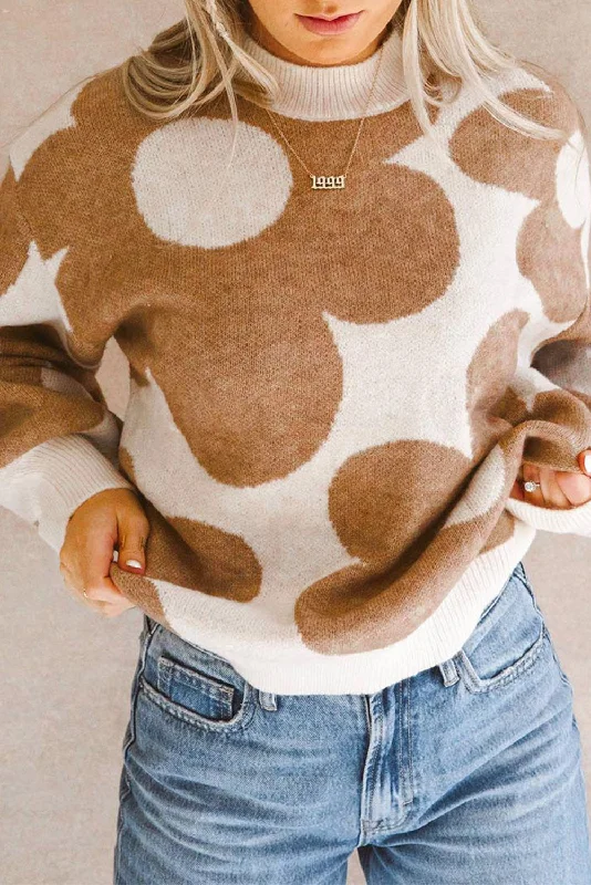 Big Flower Pattern Drop Shoulder Sweater Turtle Neck Boat Neck Asymmetrical Neck