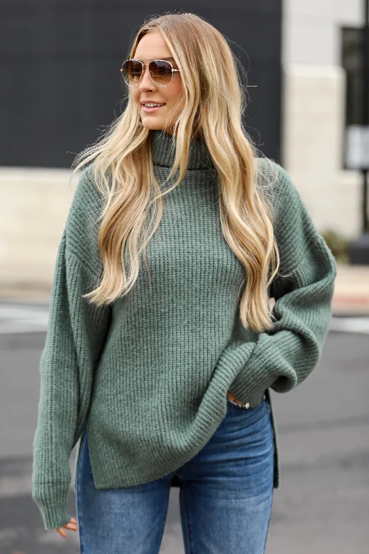 FINAL SALE - Stay Right There Sage Turtleneck Oversized Sweater Front Pockets Side Pockets Patch Pockets