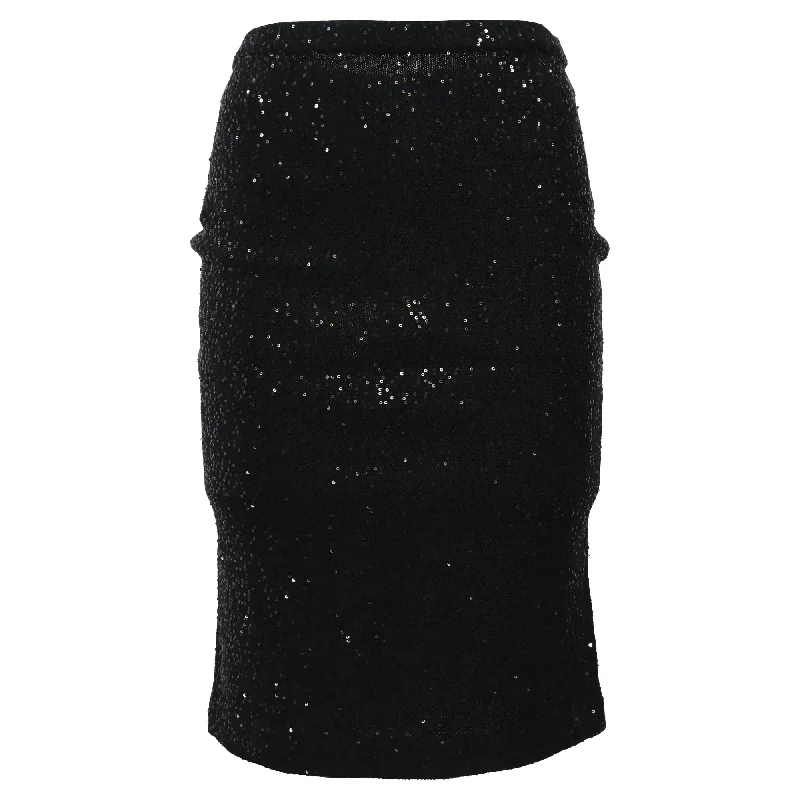 Oscar De La Renta Knitted Sequined Midi Fitted Skirt in Black Wool seamless skirt comfort