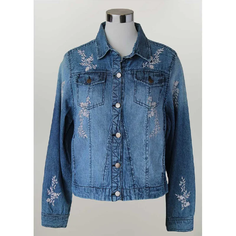 Keren Hart Women's Floral Embroidered Jean Jacket Front Pockets Side Pockets Patch Pockets Keren Hart Women's Floral Embroidered Jean Jacket Front Pockets Side Pockets Patch Pockets