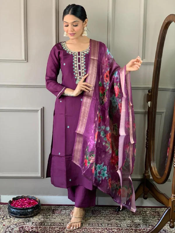 Purple Attractive Looking Readymade Pant Suit With Printed Embroidery Work Slim-Fit Leggings