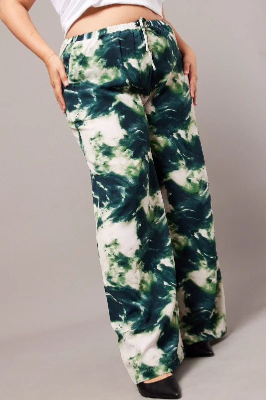 Green Abstract Wide Leg Pants High Rise Elegant Palazzo Trousers
