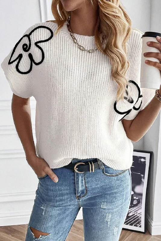 Flower Embroidery Sweater Tee Terry Terry Cloth Terry Knit