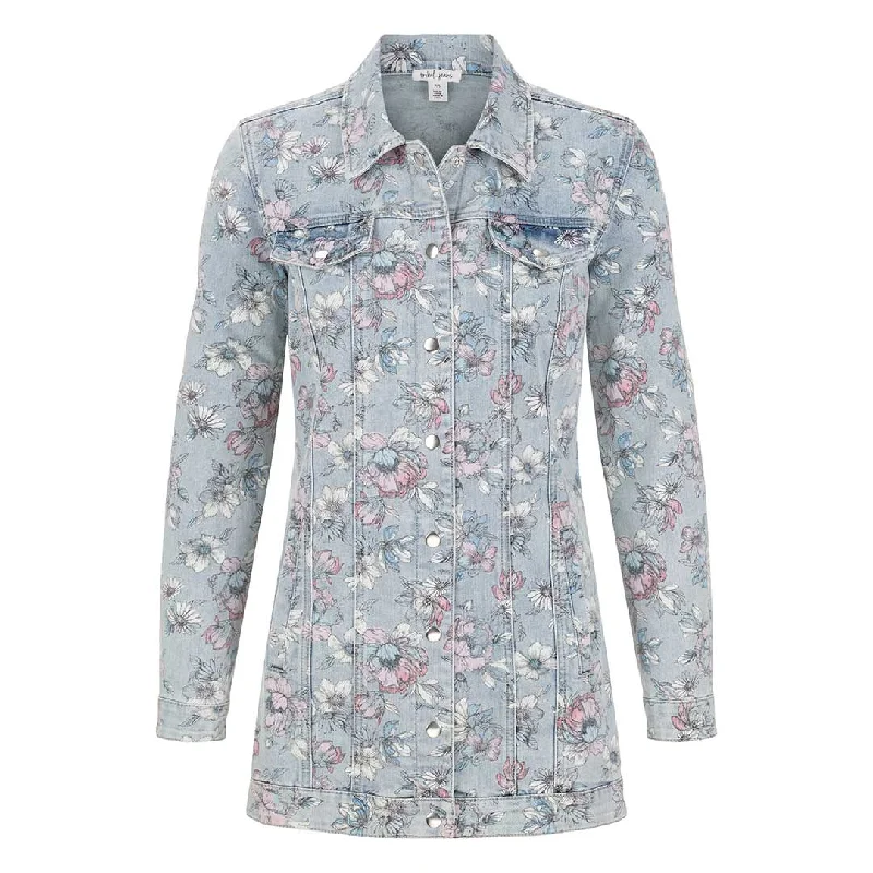 Tribal Women's Floral Print Maxi Jean Jacket Stand-Up Collar Roll-Neck Collar Turtle Neck Tribal Women's Floral Print Maxi Jean Jacket Stand-Up Collar Roll-Neck Collar Turtle Neck