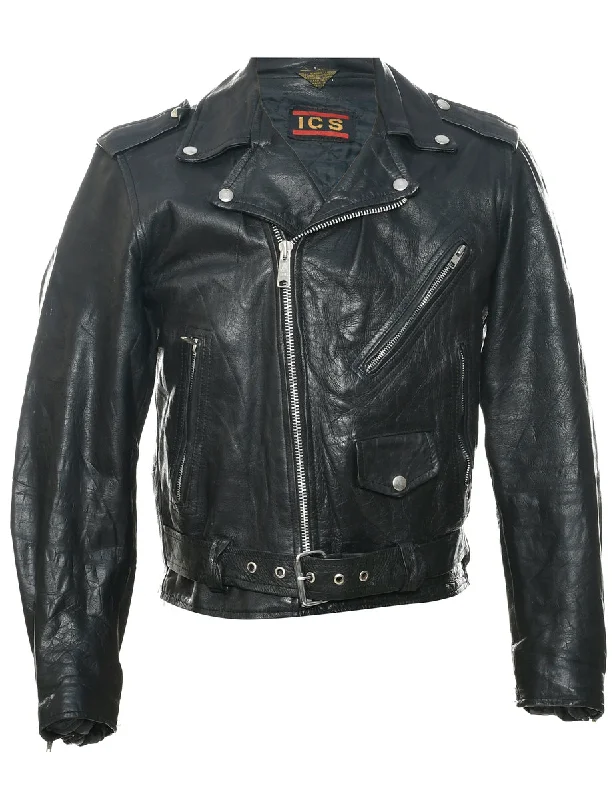 Biker Style Leather Jacket - M A-Line Jacket Boat Neck Shawl Collar