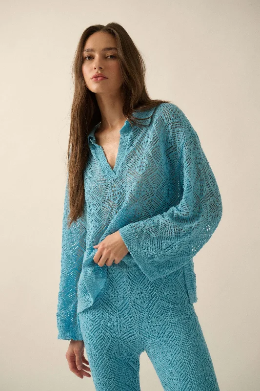 Diamond Dream Pointelle Crochet-Knit Polo Sweater Fitted Slim Tailored