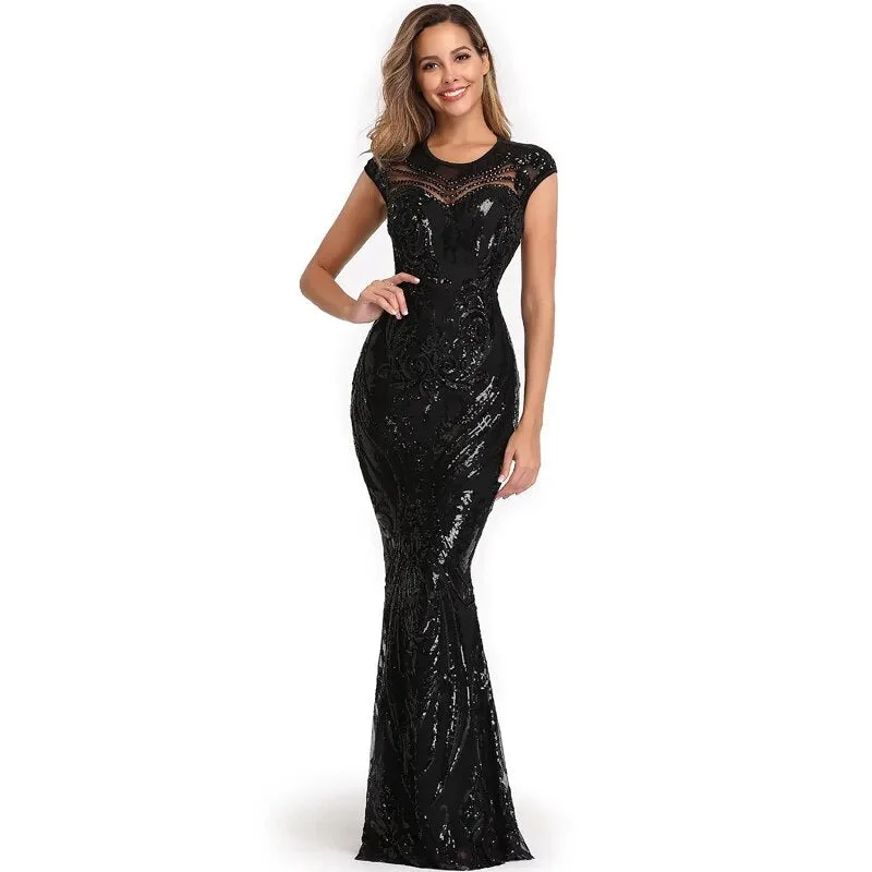Elegant Black Sequins Dress Backless Beads Long Evening Party Dress Tunics Chic fashionable