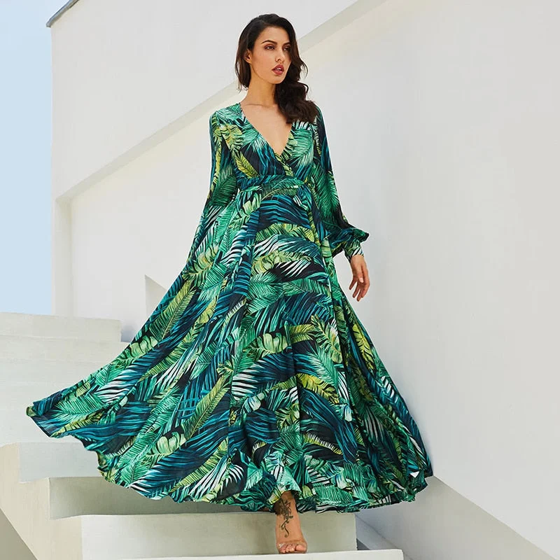 V-Neck Floral Print Ruffle Beach Long A-Line Bishop Sleeve Street Wear Casual Party Dress Robe Tunics Spring floral
