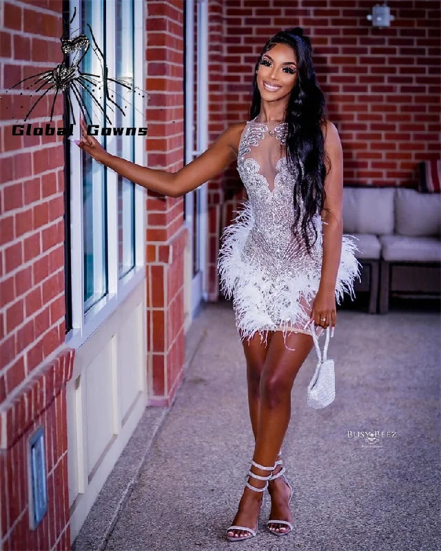 White Feathers Short Prom Dress For Black Girls Beaded Crystal Birthday Party Dresses Mermaid Mini Abiti Da Cocktail Homecoming Tunics Denim casual