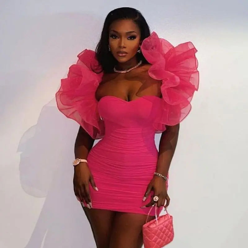 Sweetheart Rose Pink Bodycon Dress Mini Length Elastic Satin Party Dresses Ruffled Bundage Sexy Cockatil Gown Sleeveless Tunics Top rated