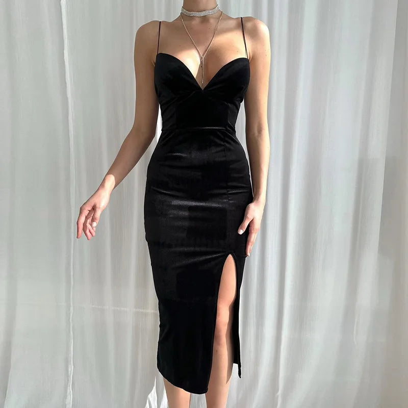 New Summer Female Spice Girls Halter Deep V sexy Slimming dress Party dress side slit velvet skirt Tunics Favorite customer