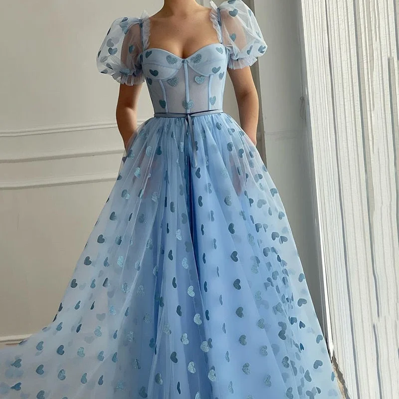 StoreXQ Eightree Baby Blue Long Prom Dresses with Pocket Hearty Short Sleeve Pageant Formal Evening Party Dresses Floor Length Robe Tunics Designer luxury