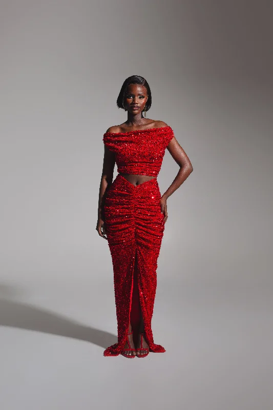 JESS Sequin Ruched Skirt in RUBY midi skirt versatile