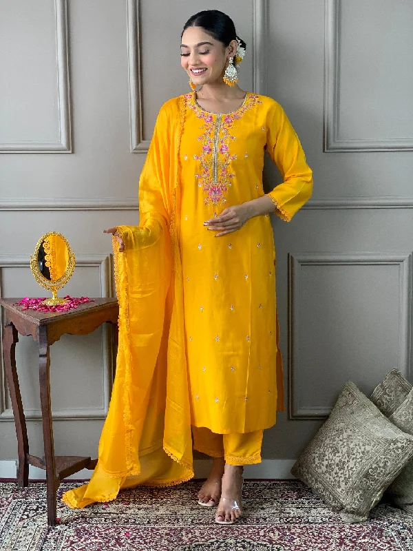 Yellow Designer Readymade Pant Suit With Embroidery Printed Work Stretch Fit Pants