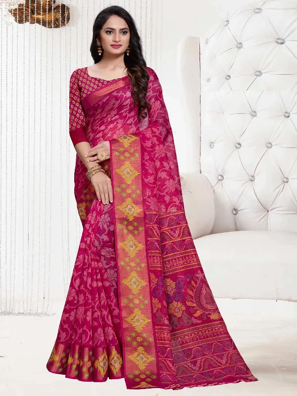 Saree Mall Women's Cotton Blend Pink Printed Designer Saree With Blouse Piece-TNZC04D Embroidered Floral Blouse