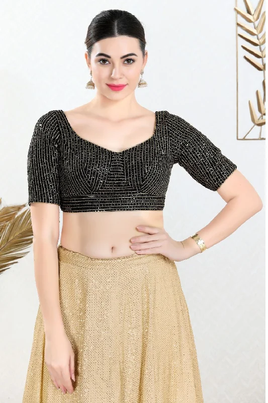 Black Georgette Embroidered Elbow Sleeves Blouse Double-Layered Blouse