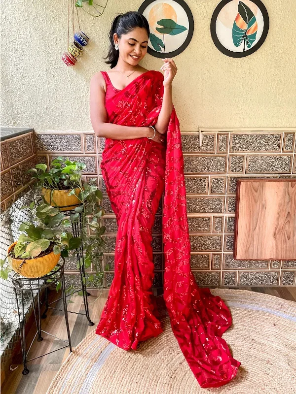 Saree Mall Women's Georgette Red Embellished Designer Saree With Blouse Piece-KESARI2002 Classic Minimalist Blouse