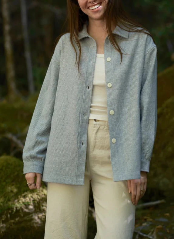 Sunset Overshirt in Blue Twill-- Print Jacquard Patchwork