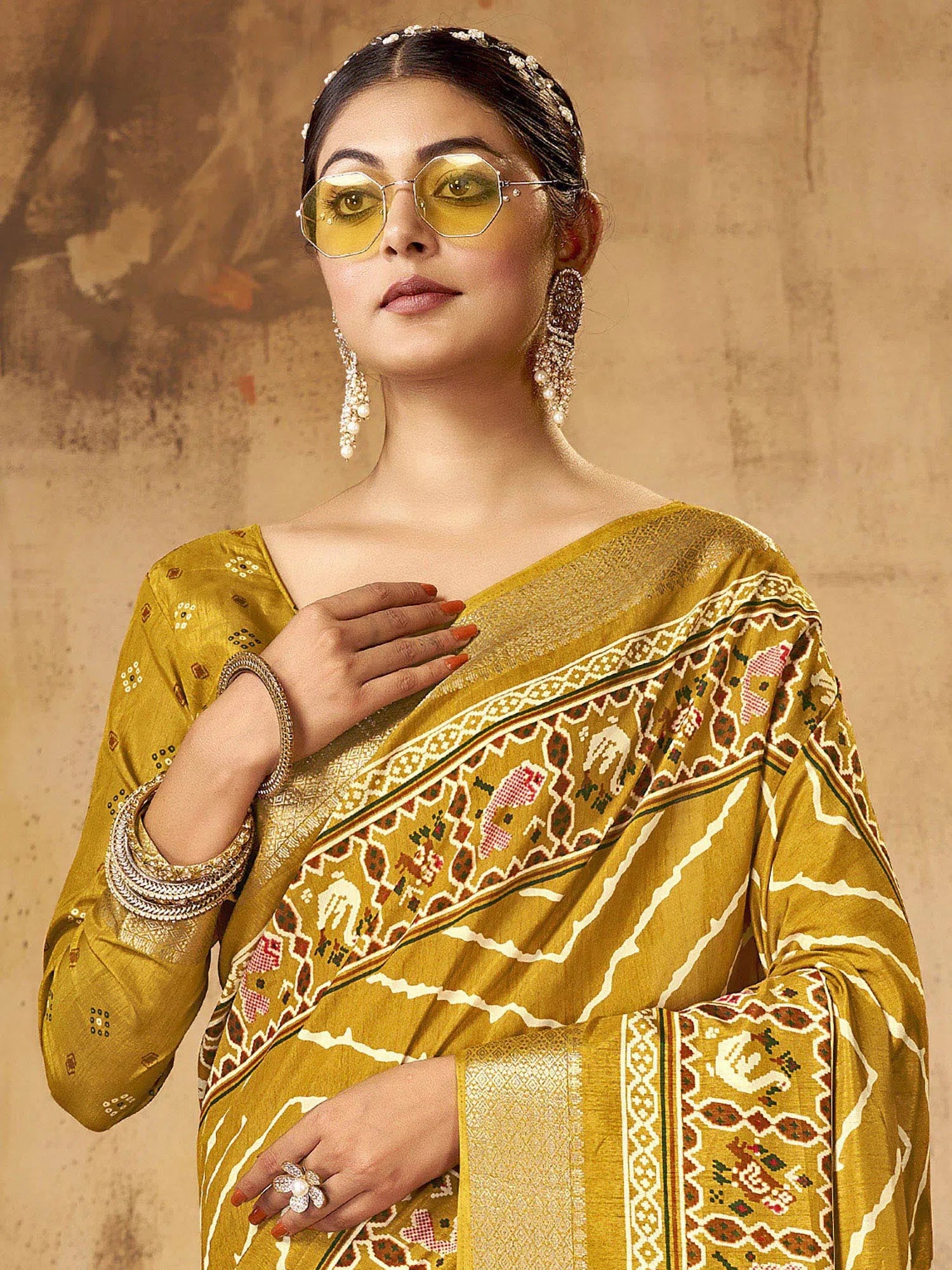 Saree Mall Women's Dola  Mustard Printed Designer Saree With Blouse Piece-JANNAT3006 Polished Work Blouse