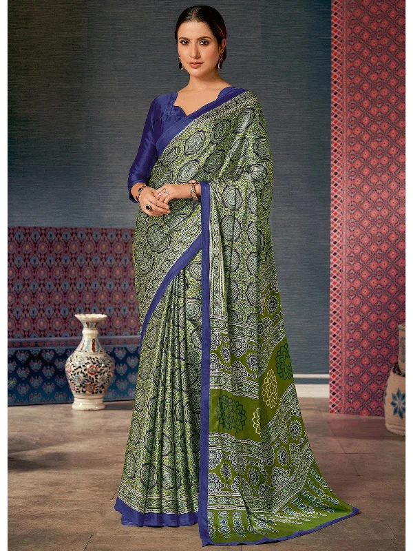 Saree Mall Women's Crepe Olive Digital Print Designer Saree With Blouse Piece-AJRKH303 Embroidered Floral Blouse