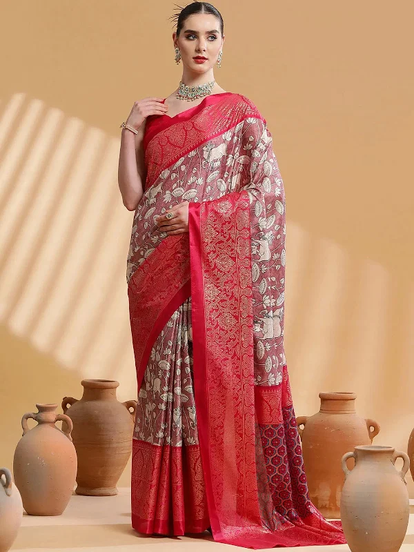 Saree Mall Women's Dola Burgundy Printed Designer Saree With Blouse Piece-RAJWADI08D Delicate Pleat Blouse Saree Mall Women's Dola Burgundy Printed Designer Saree With Blouse Piece-RAJWADI08D Delicate Pleat Blouse