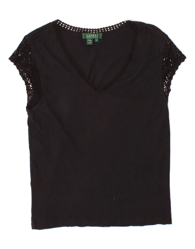 RALPH LAUREN Womens Blouse Top UK 14 Large Black Cotton Chic Wrap Blouse