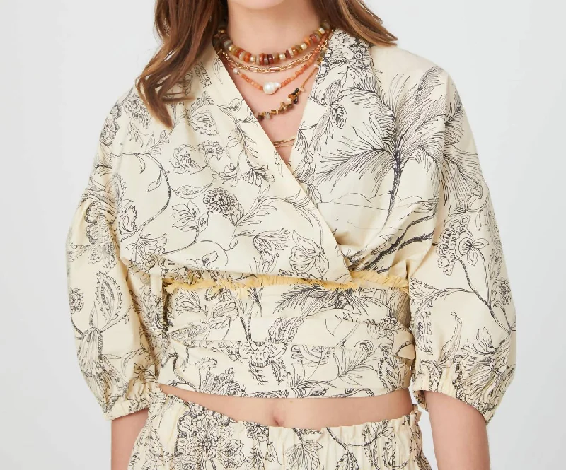 Kimono Blouse In Botanical Line Print Lightweight Floral Blouse