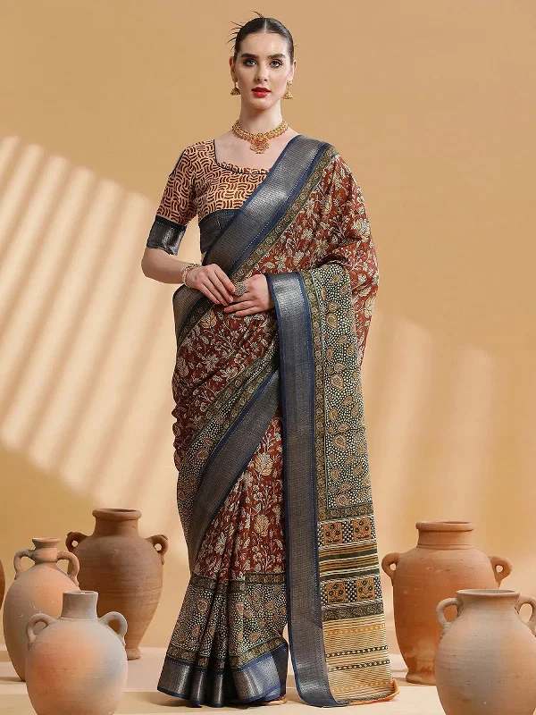 Saree Mall Women's Cotton Blend Brown Printed Designer Saree With Blouse Piece-UNVRSE36C Elegant Peplum Blouse Saree Mall Women's Cotton Blend Brown Printed Designer Saree With Blouse Piece-UNVRSE36C Elegant Peplum Blouse