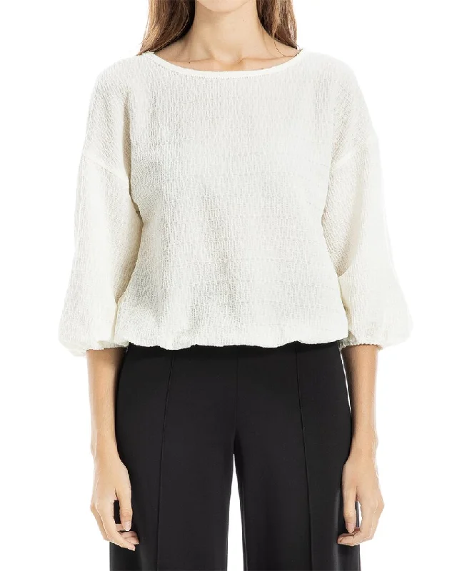 Max Studio Elbow Sleeve Boatneck Blouse Embroidered Cotton Blouse