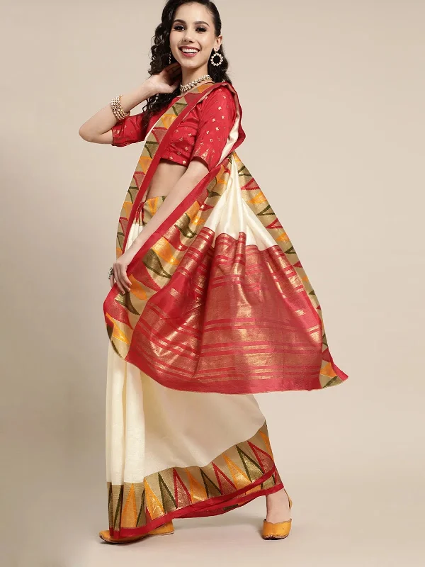 Saree Mall Women's  Blend Off White Printed Designer Saree With Blouse Piece-FF0LNJCQ101A Delicate Pleat Blouse