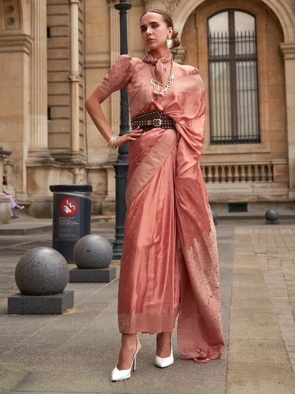 Saree Mall Women's Satin Peach Woven Design Designer Saree With Blouse Piece-KAMZH339004 Gathered Detail Blouse Saree Mall Women's Satin Peach Woven Design Designer Saree With Blouse Piece-KAMZH339004 Gathered Detail Blouse