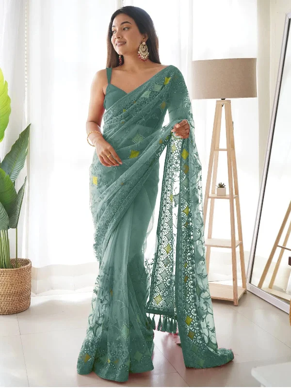 Saree Mall Women's Net Teal Green Embellished Designer Saree With Blouse Piece-AAVYA704 Elegant Peplum Blouse