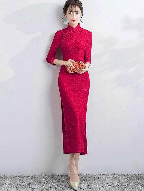 Red Lace Ankle-Length Qipao / Cheongsam Party Dress Tunics Gym athletic