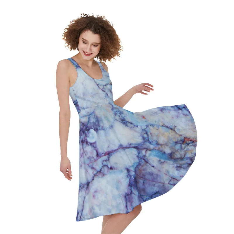 Blue Marble Print Sleeveless Knee Length Dress Tunics Satin smooth