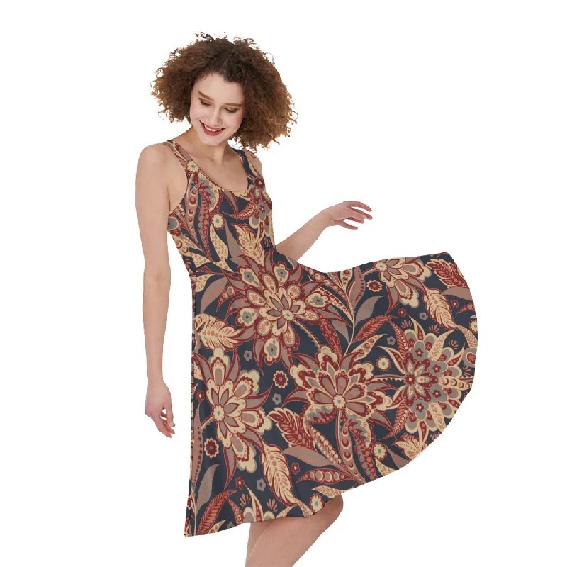Brown Floral Bohemian Pattern Print Sleeveless Knee Length Dress Tunics Brand named